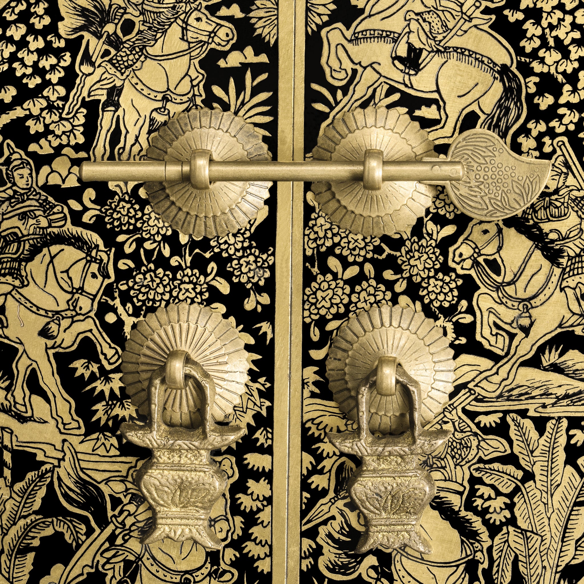 Six Horses Brass Cabinet Face Plate Set - 9.5"-Chinese Brass Hardware