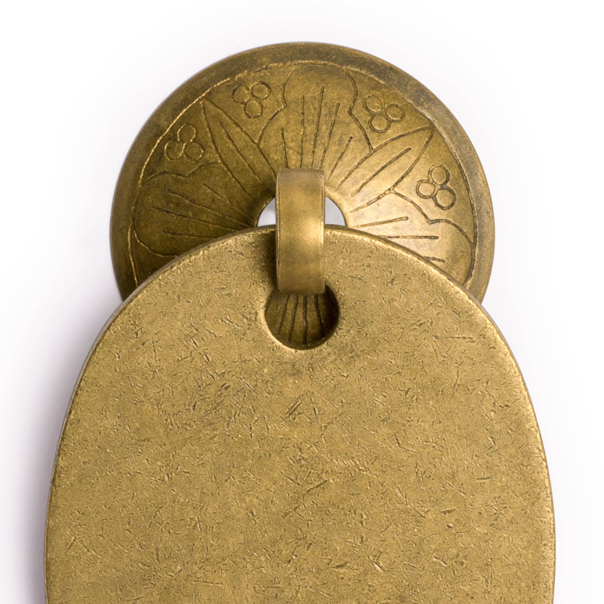 Oval Pulls with Engraved Round Backplate 2.6" - Set of 2-Chinese Brass Hardware